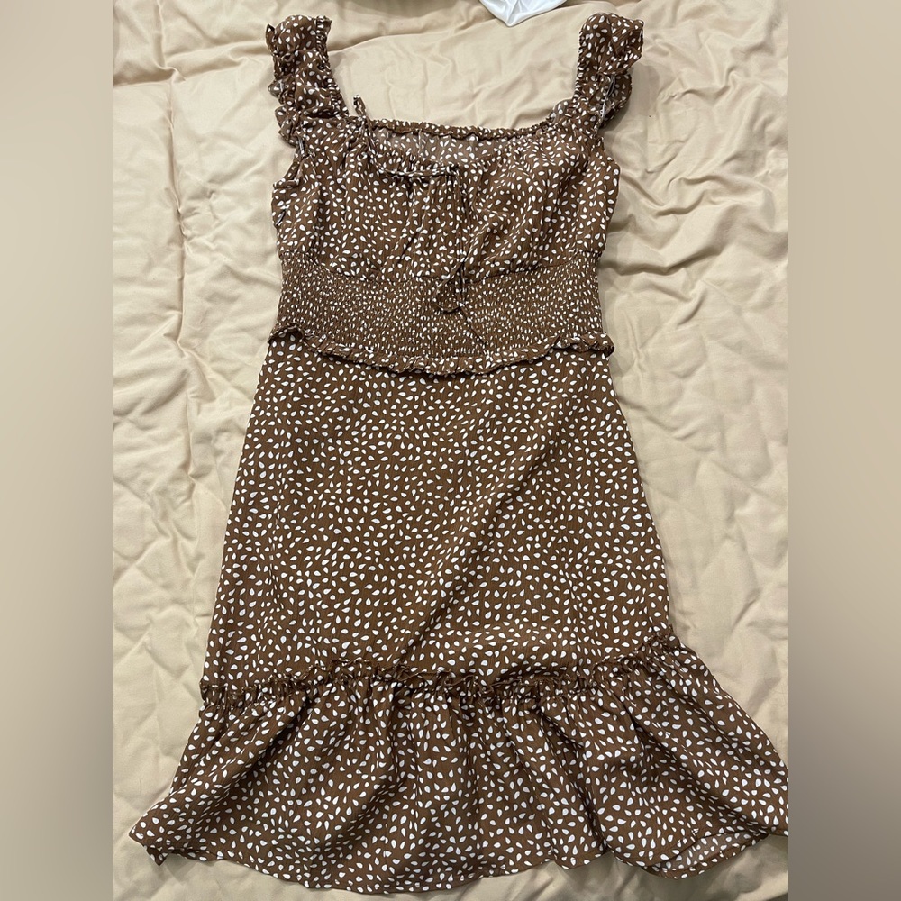 Brown polkadot off the shoulder dress